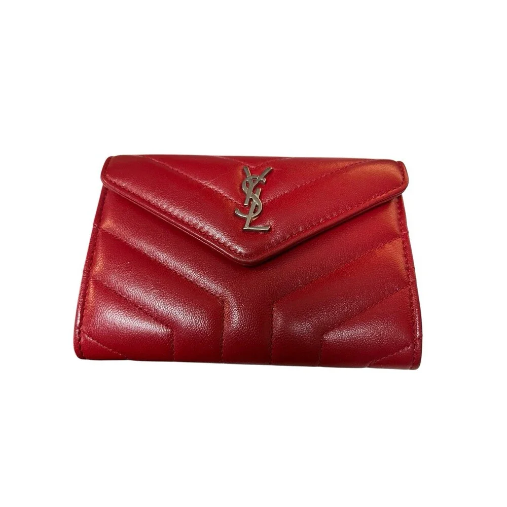 YSL Saint Laurent Leather Red Compact Wallet Card Case Box Duster & Tags